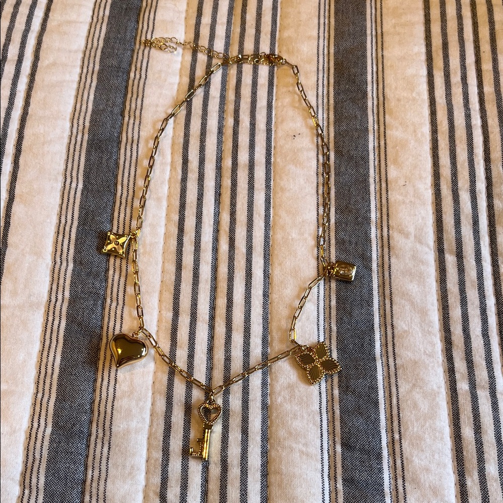 Gold-Tone Charm Necklace with Heart, Key and Clover Charms